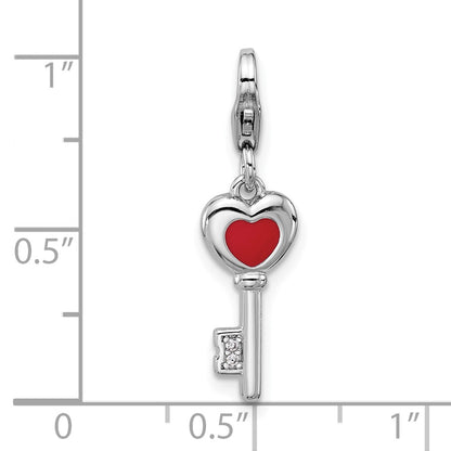 Sterling Silver Amore La Vita Rhodium Plated Enameled 3-D CZ and Red Heart Key Charm