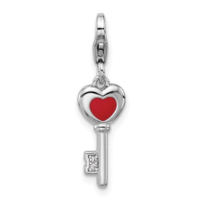 Sterling Silver Amore La Vita Rhodium Plated Enameled 3-D CZ and Red Heart Key Charm
