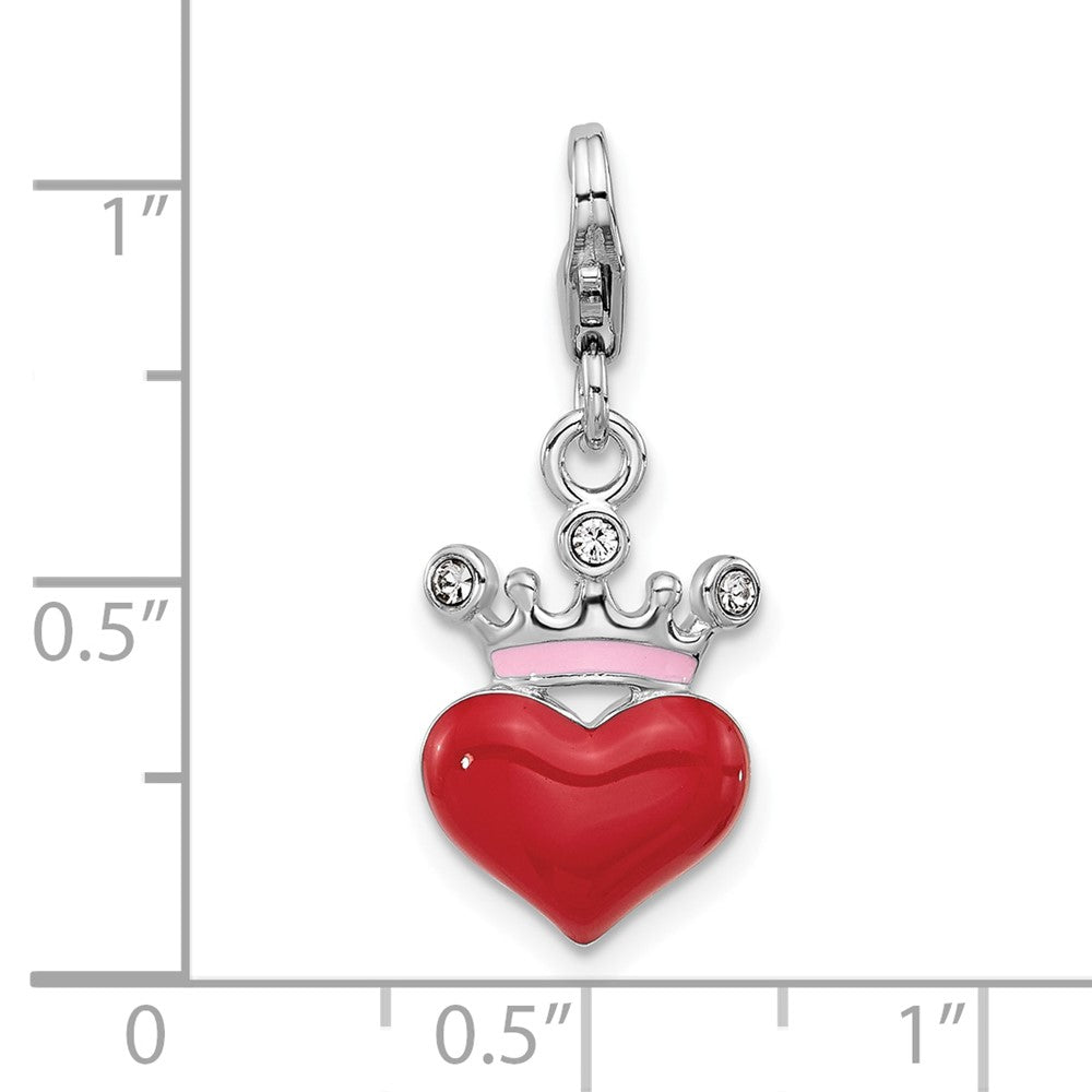 Sterling Silver Amore La Vita Rh-Pl Red Enamel and Crystal Heart Crown Charm