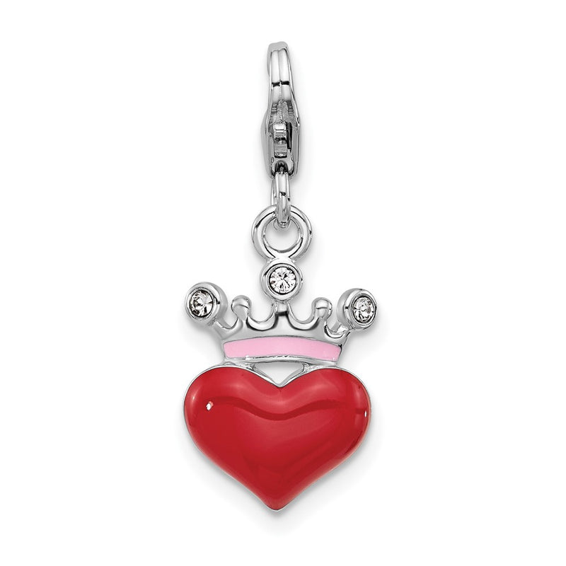 Sterling Silver Amore La Vita Rh-Pl Red Enamel and Crystal Heart Crown Charm