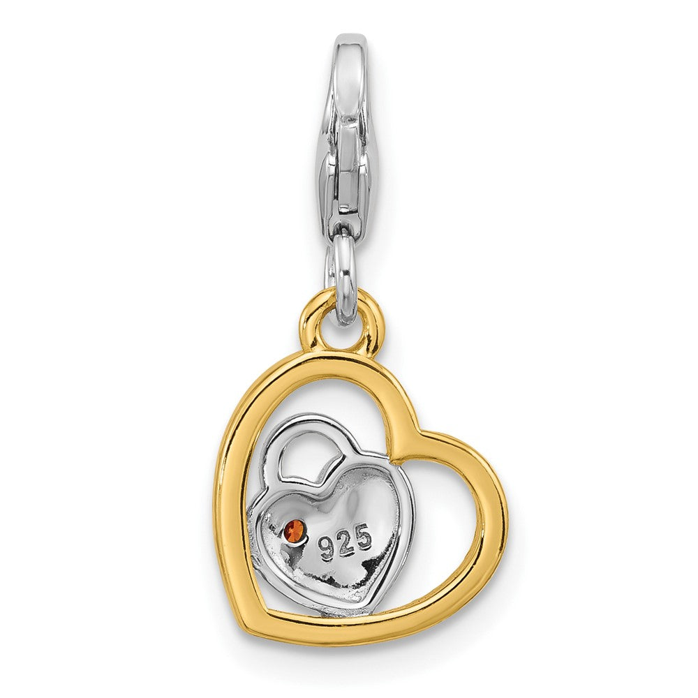 Sterling Silver Amore La Vita Rhod/gold-Plated Red CZ Double Heart Love Charm