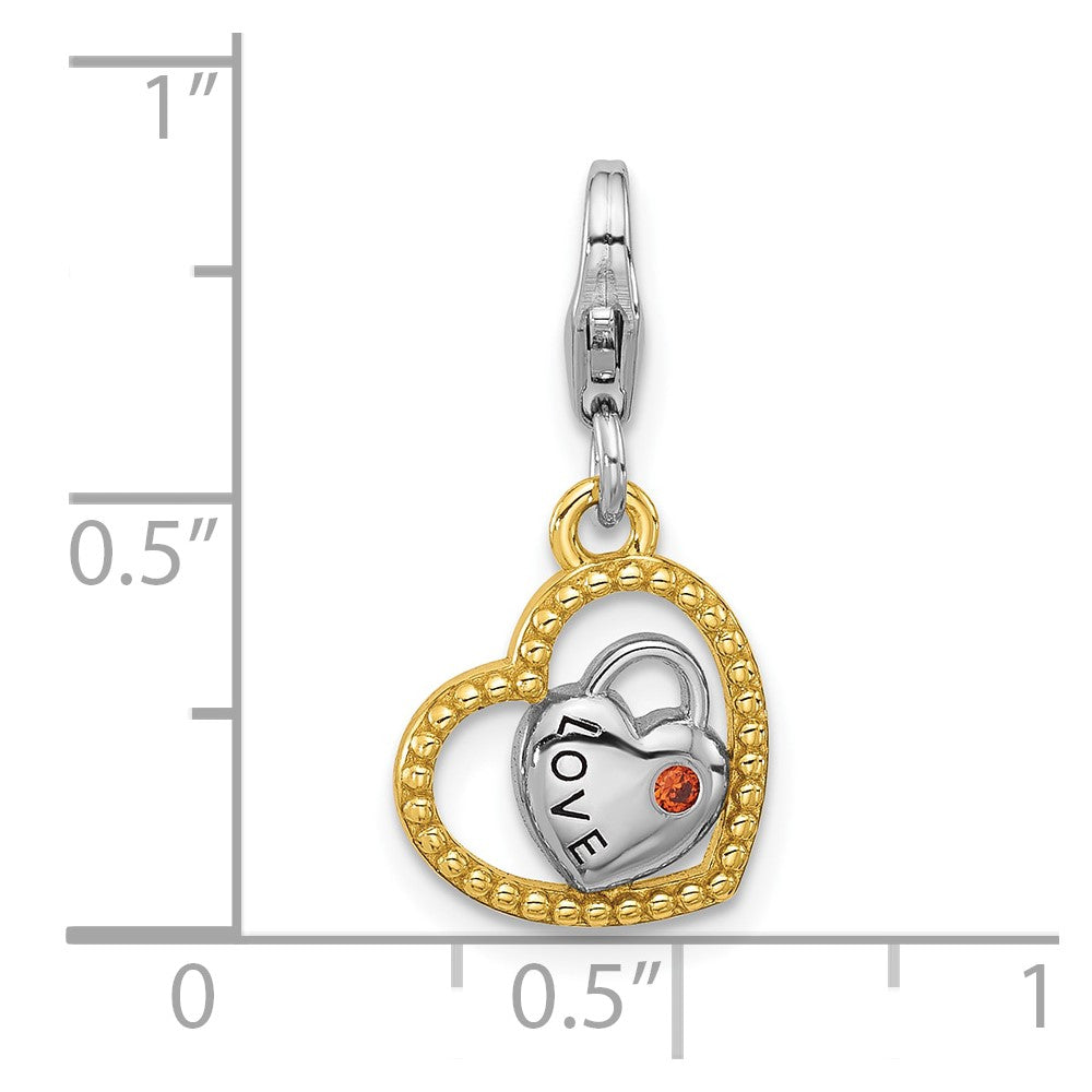 Sterling Silver Amore La Vita Rhod/gold-Plated Red CZ Double Heart Love Charm