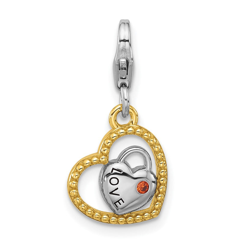 Sterling Silver Amore La Vita Rhod/gold-Plated Red CZ Double Heart Love Charm