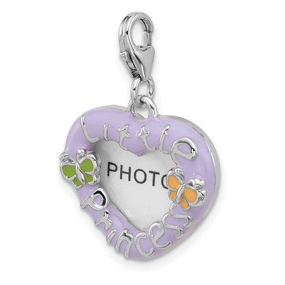 Sterling Silver Amore La Vita Rhod-Pl Enamel Princess Heart Picture Frame Charm