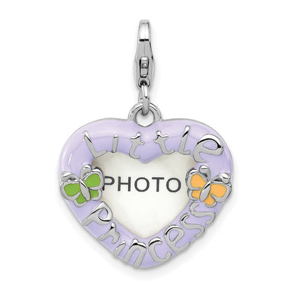 Sterling Silver Amore La Vita Rhod-Pl Enamel Princess Heart Picture Frame Charm