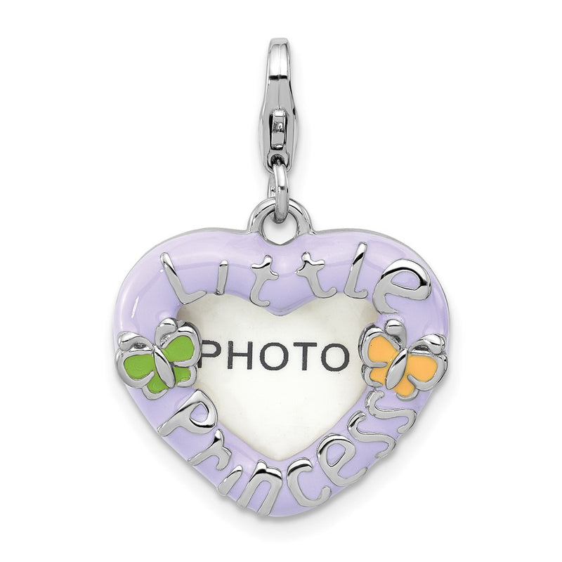 Sterling Silver Amore La Vita Rhod-Pl Enamel Princess Heart Picture Frame Charm