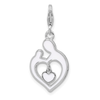 Sterling Silver Amore La Vita Rh-Pl Enamel Mom/child Reversible Dangle Heart Charm