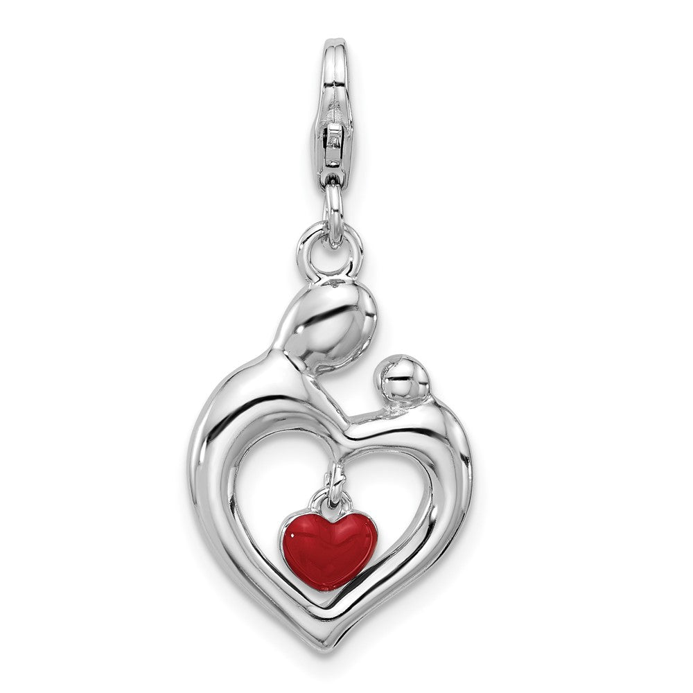 Sterling Silver Amore La Vita Rh-Pl Enamel Mom/child Reversible Dangle Heart Charm