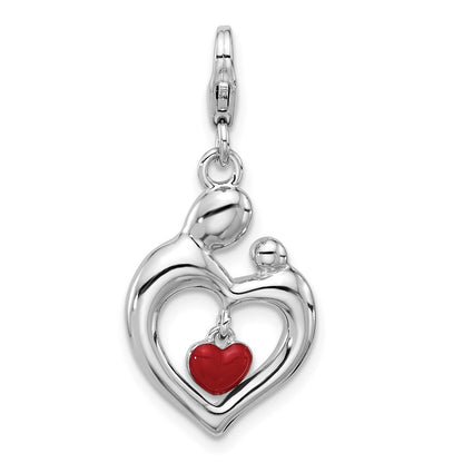 Sterling Silver Amore La Vita Rh-Pl Enamel Mom/child Reversible Dangle Heart Charm