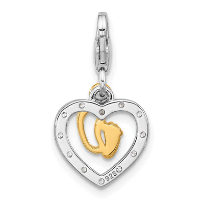 Sterling Silver Amore La Vita Rhodium Plated Gold-Plated Baby Feet CZ Heart Charm