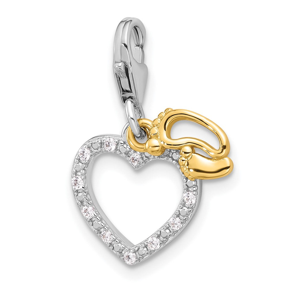 Sterling Silver Amore La Vita Rhodium Plated Gold-Plated Baby Feet CZ Heart Charm