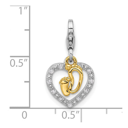 Sterling Silver Amore La Vita Rhodium Plated Gold-Plated Baby Feet CZ Heart Charm