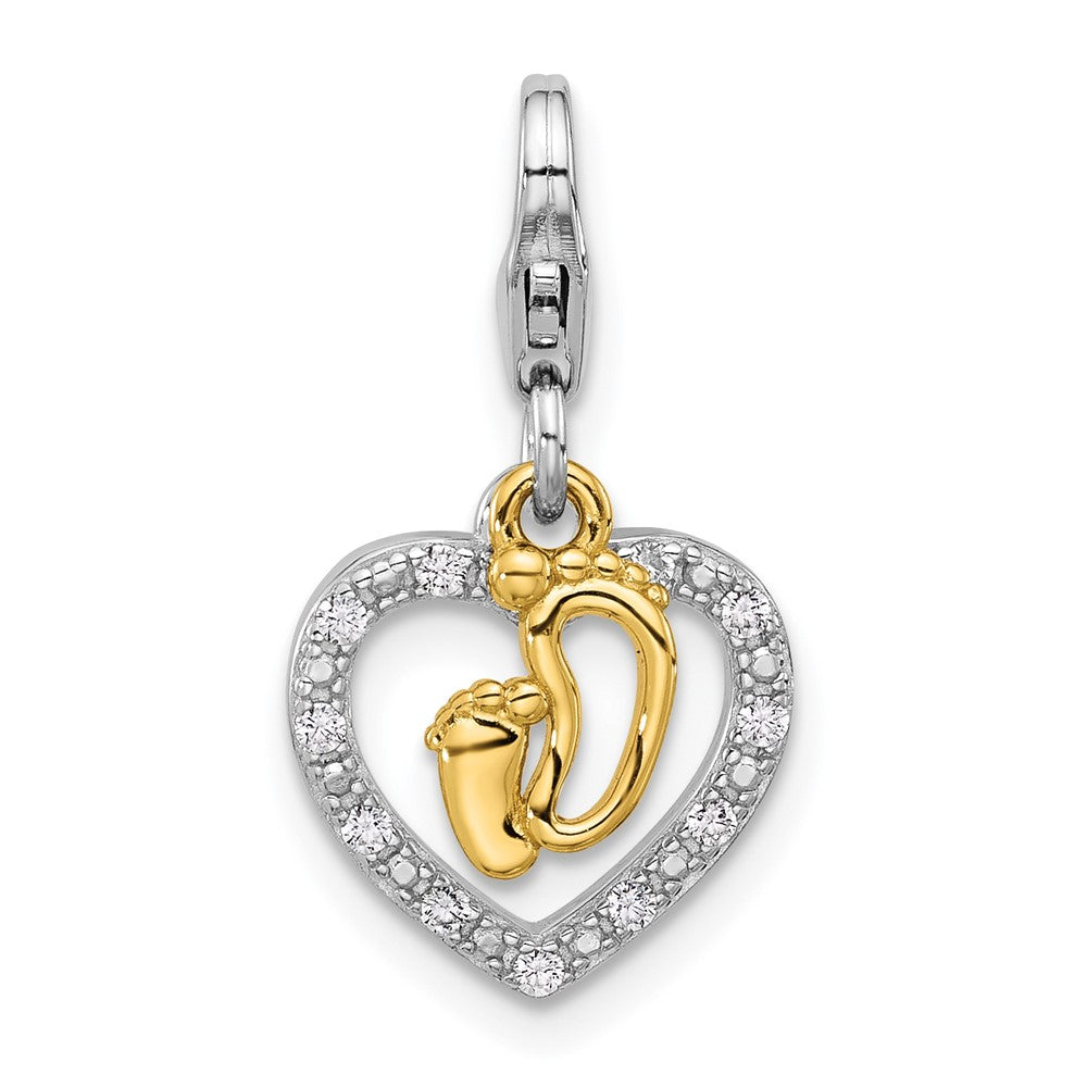 Sterling Silver Amore La Vita Rhodium Plated Gold-Plated Baby Feet CZ Heart Charm