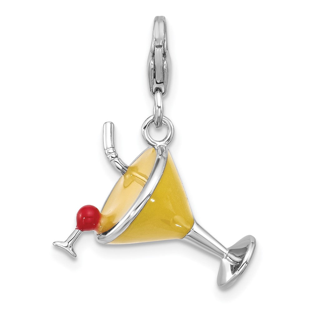 Sterling Silver Amore La Vita Rhod-Pl Enamel Crystal 3-D Martini Glass Charm