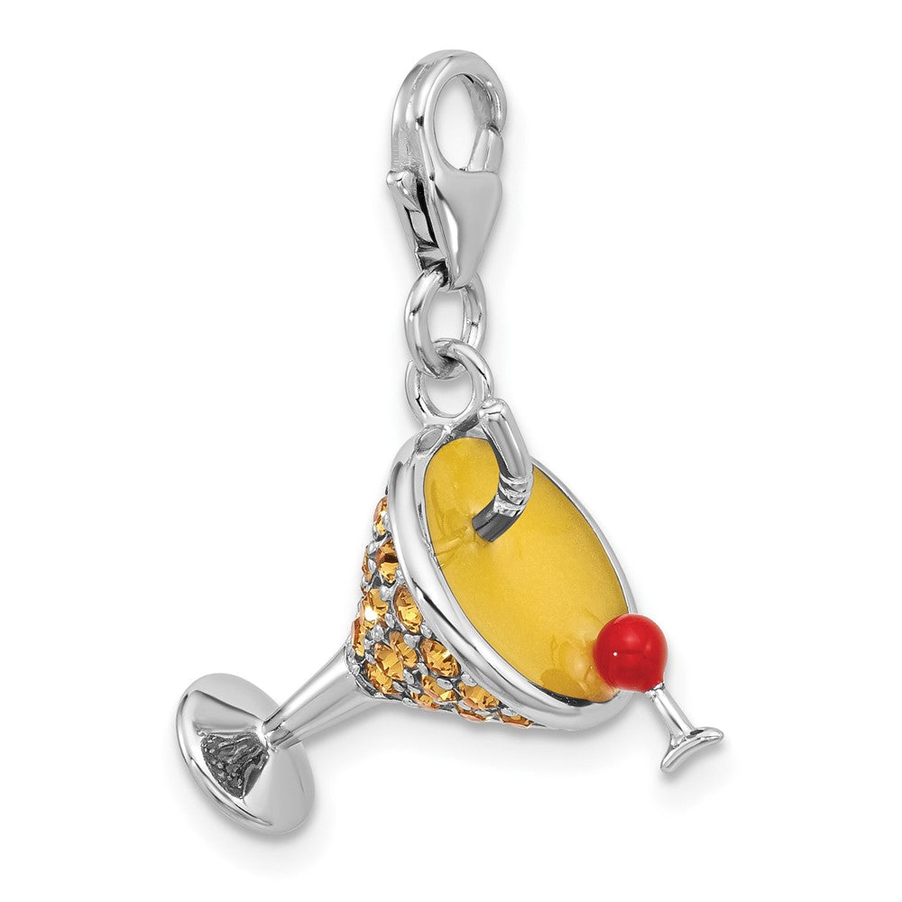 Sterling Silver Amore La Vita Rhod-Pl Enamel Crystal 3-D Martini Glass Charm