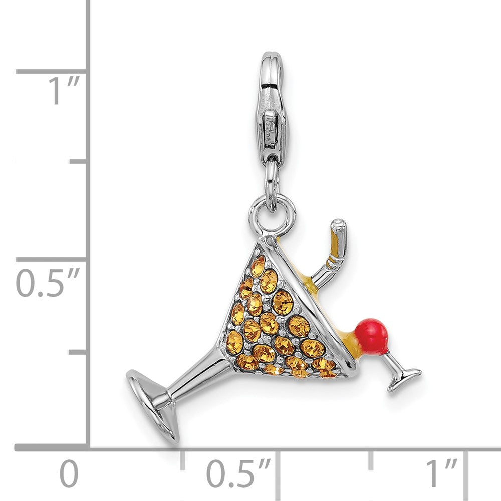 Sterling Silver Amore La Vita Rhod-Pl Enamel Crystal 3-D Martini Glass Charm