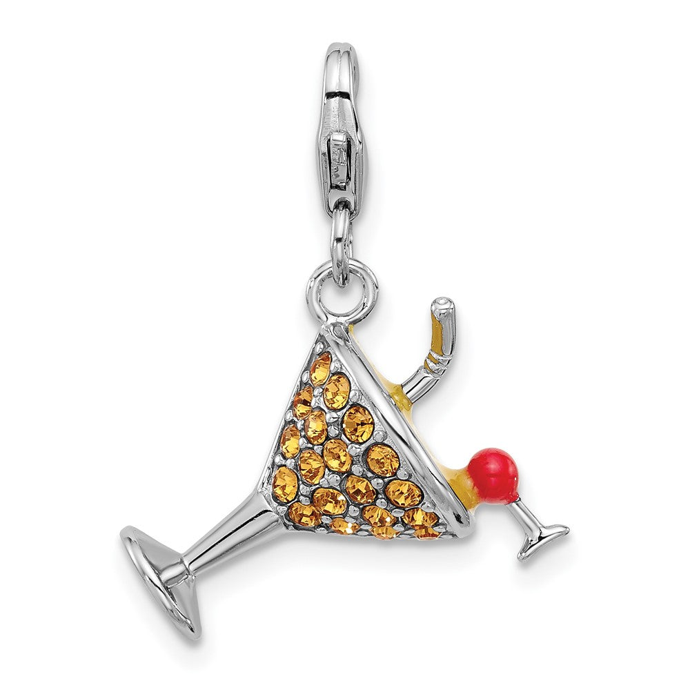 Sterling Silver Amore La Vita Rhod-Pl Enamel Crystal 3-D Martini Glass Charm