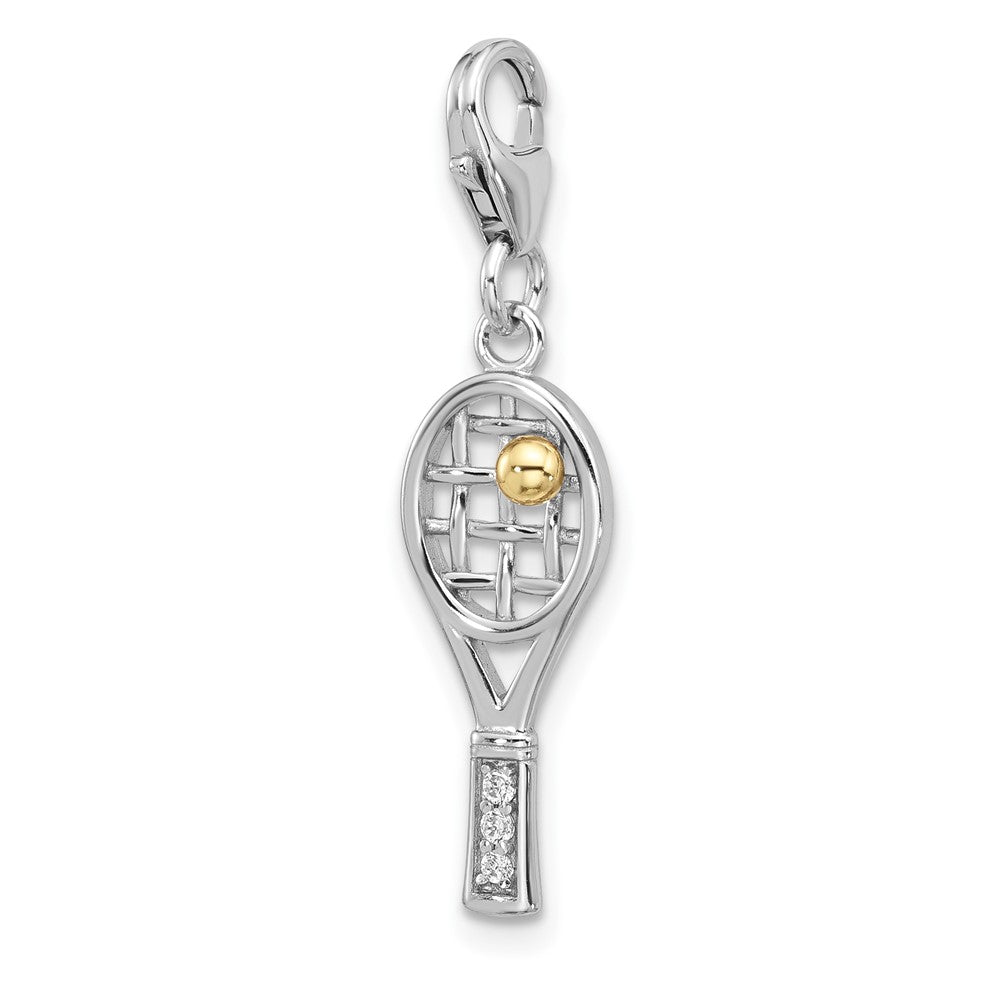Sterling Silver Amore La Vita Rhodium Plated Gold-Plated CZ 3-D Tennis Racquet Charm