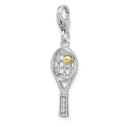 Sterling Silver Amore La Vita Rhodium Plated Gold-Plated CZ 3-D Tennis Racquet Charm