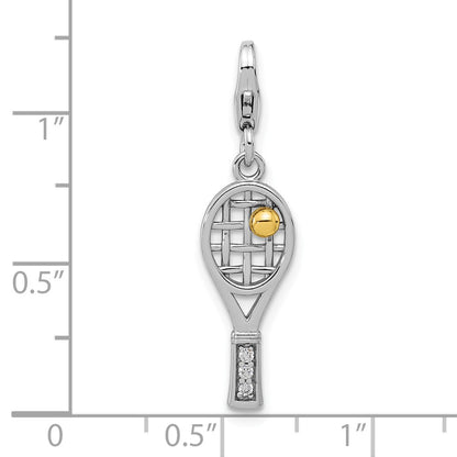 Sterling Silver Amore La Vita Rhodium Plated Gold-Plated CZ 3-D Tennis Racquet Charm