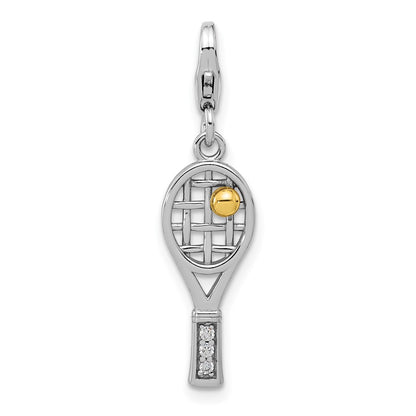 Sterling Silver Amore La Vita Rhodium Plated Gold-Plated CZ 3-D Tennis Racquet Charm