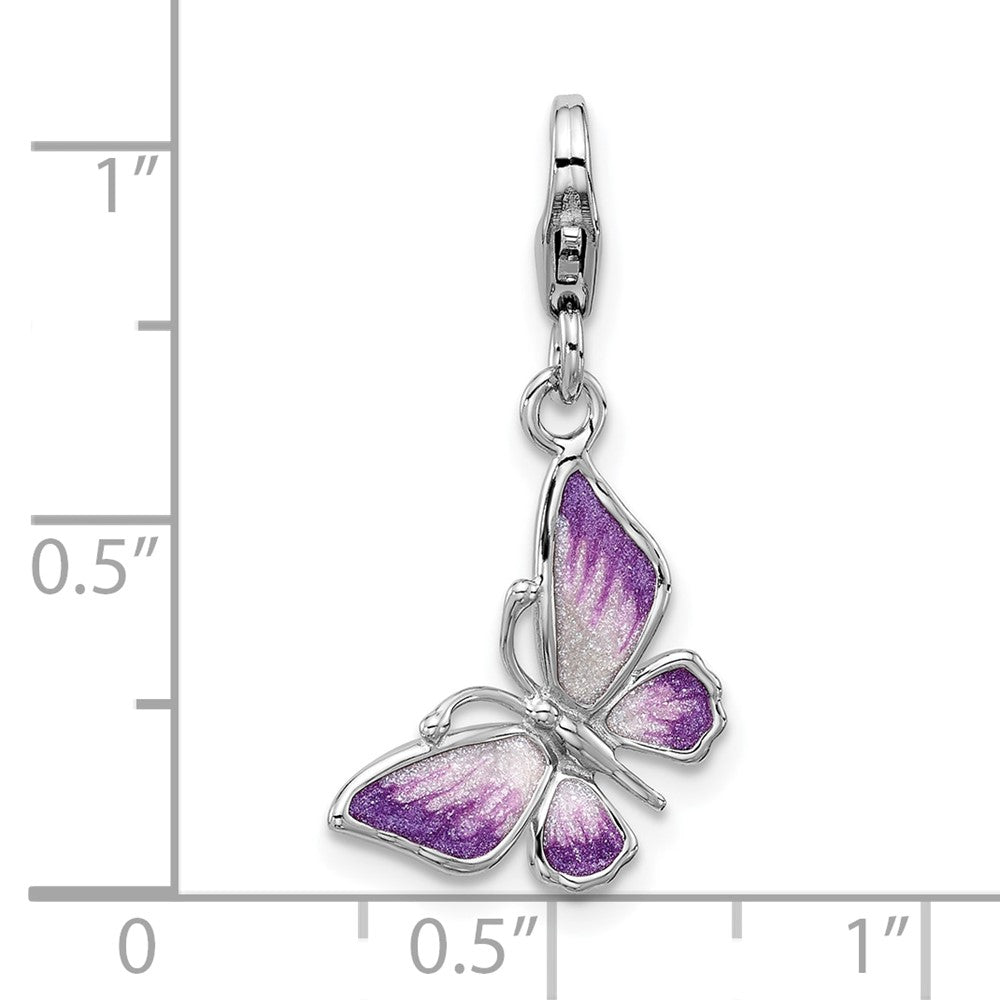 Sterling Silver Amore La Vita Rhodium Plated Purple Enamel 3-D Butterfly Charm
