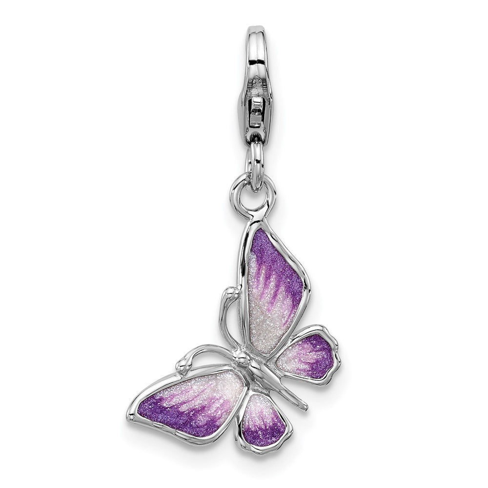 Sterling Silver Amore La Vita Rhodium Plated Purple Enamel 3-D Butterfly Charm