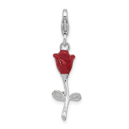Sterling Silver Amore La Vita Rhodium Plated Enameled 3-D Potted Red Rose Charm