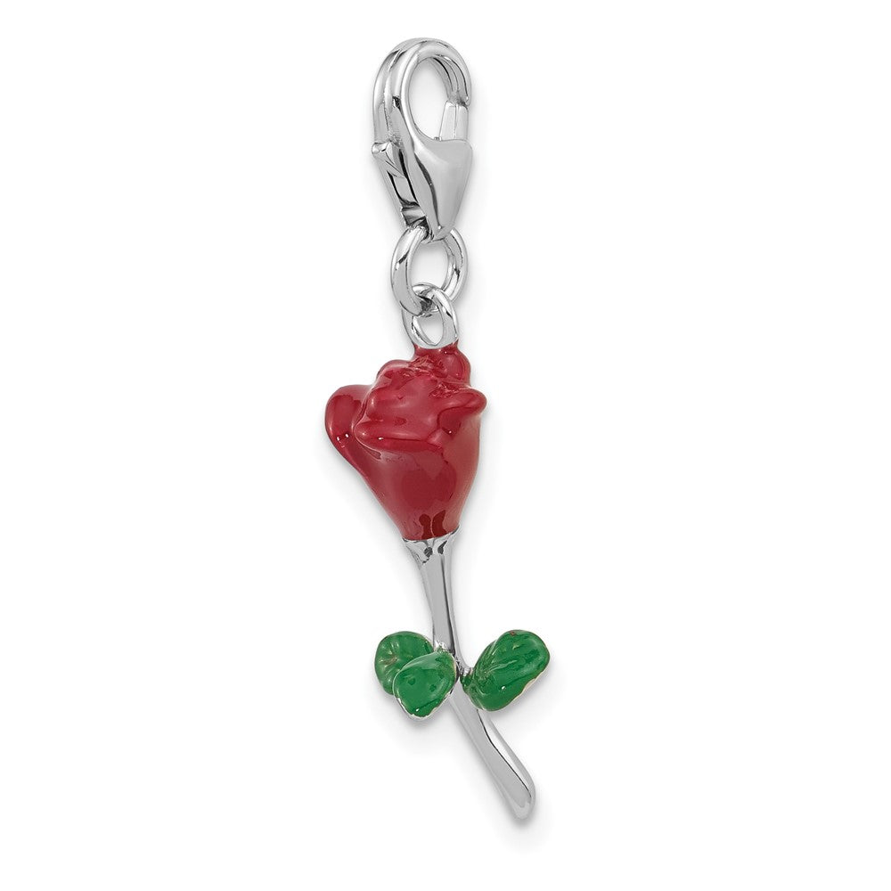 Sterling Silver Amore La Vita Rhodium Plated Enameled 3-D Potted Red Rose Charm