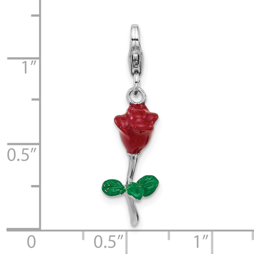 Sterling Silver Amore La Vita Rhodium Plated Enameled 3-D Potted Red Rose Charm