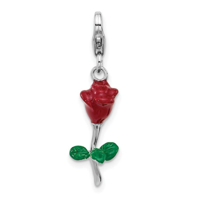 Sterling Silver Amore La Vita Rhodium Plated Enameled 3-D Potted Red Rose Charm