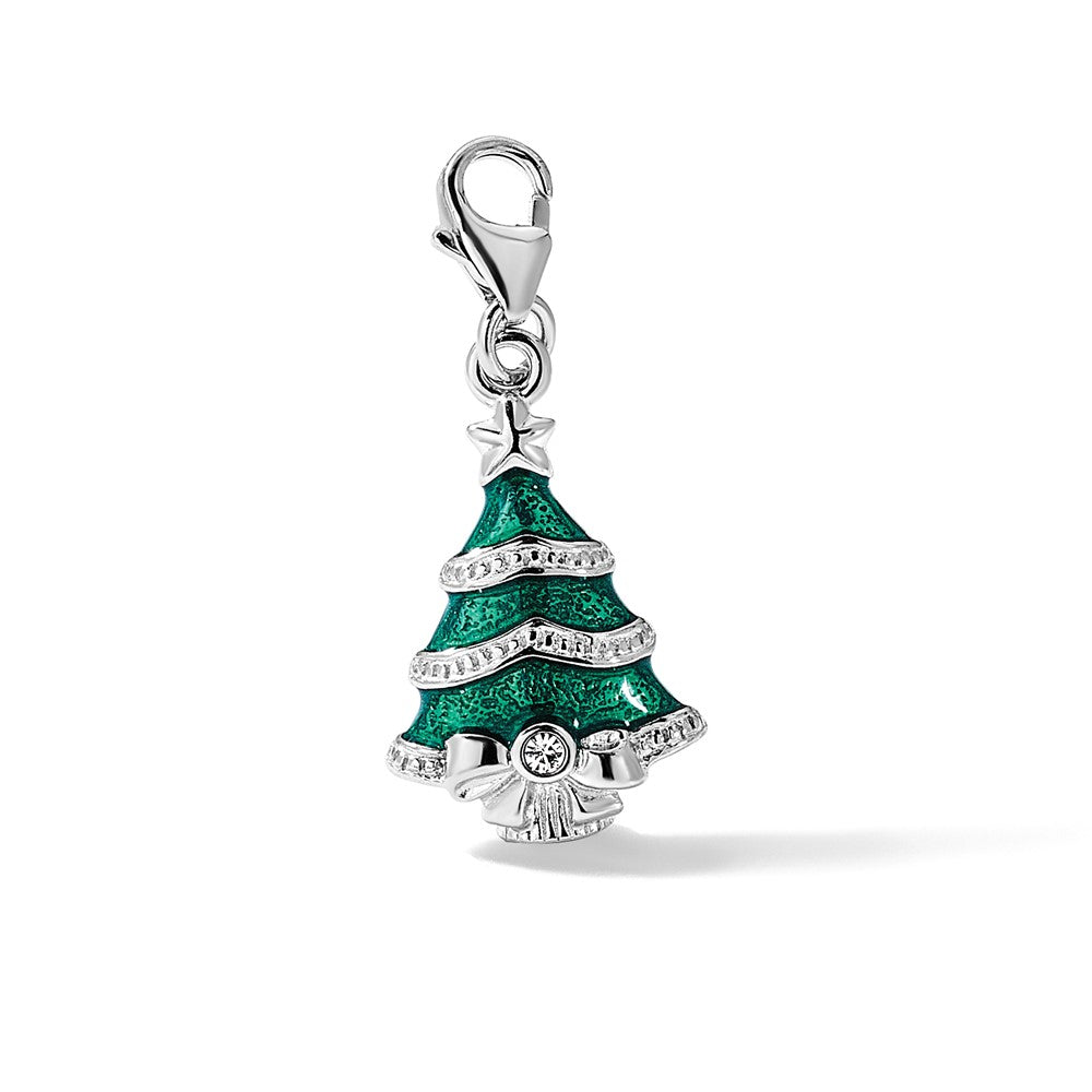 Sterling Silver Amore La Vita Rhodium Plated Enameled Crystal Christmas Tree Charm