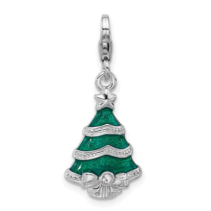 Sterling Silver Amore La Vita Rhodium Plated Enameled Crystal Christmas Tree Charm