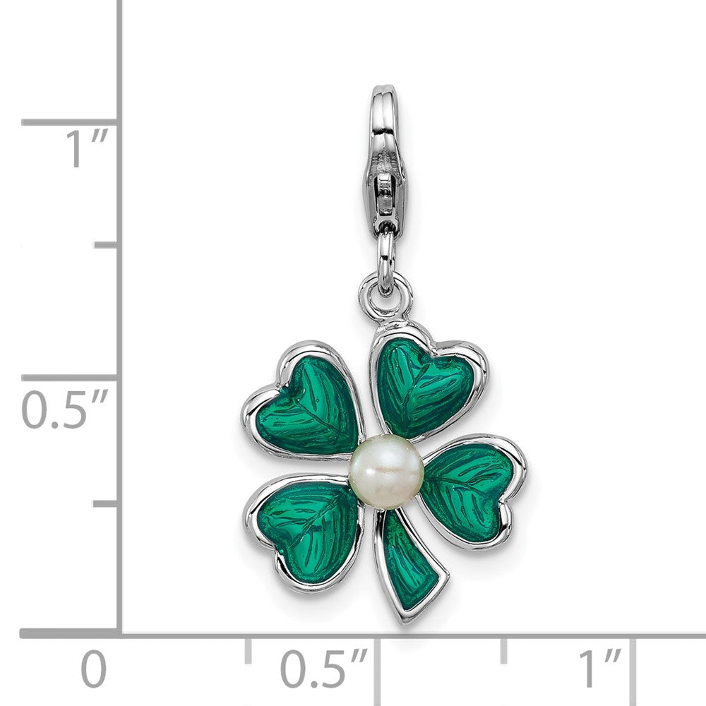 Sterling Silver Amore La Vita Rhodium-Plated Enameled Green Clover Fwc Pearl Charm
