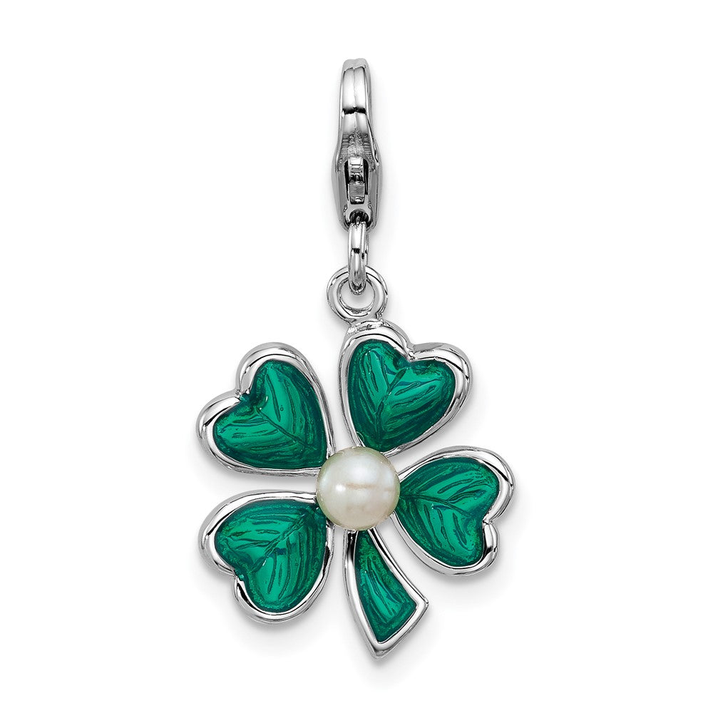 Sterling Silver Amore La Vita Rhodium-Plated Enameled Green Clover Fwc Pearl Charm