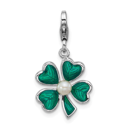 Sterling Silver Amore La Vita Rhodium-Plated Enameled Green Clover Fwc Pearl Charm