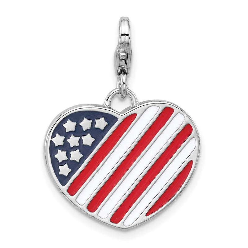 Sterling Silver Amore La Vita Rhodium Plated Enameled Usa Flag Heart Charm