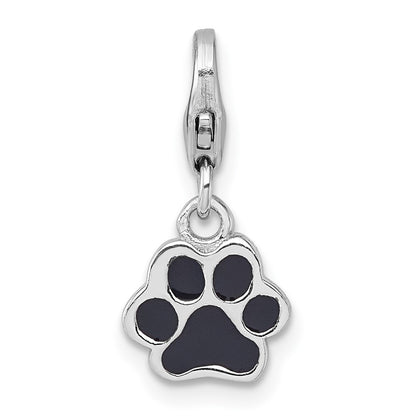 Sterling Silver Amore La Vita Rhodium-Plated Enamel Black Paw Print Charm