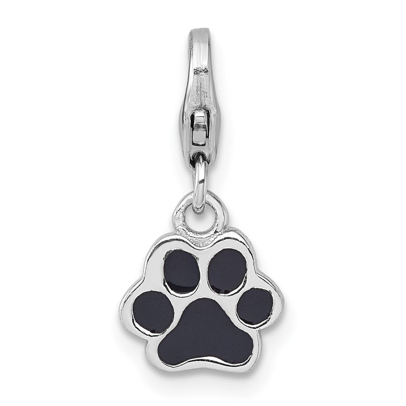 Sterling Silver Amore La Vita Rhodium-Plated Enamel Black Paw Print Charm
