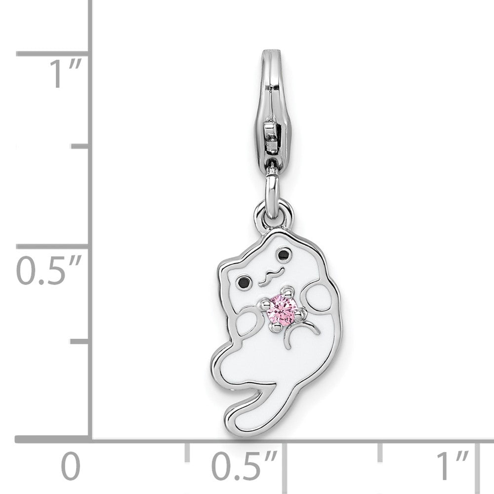 Sterling Silver Amore La Vita Rhodium Plated Enamel Cat W/pink CZ Charm