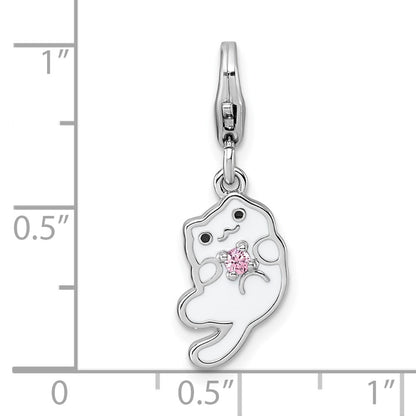 Sterling Silver Amore La Vita Rhodium Plated Enamel Cat W/pink CZ Charm