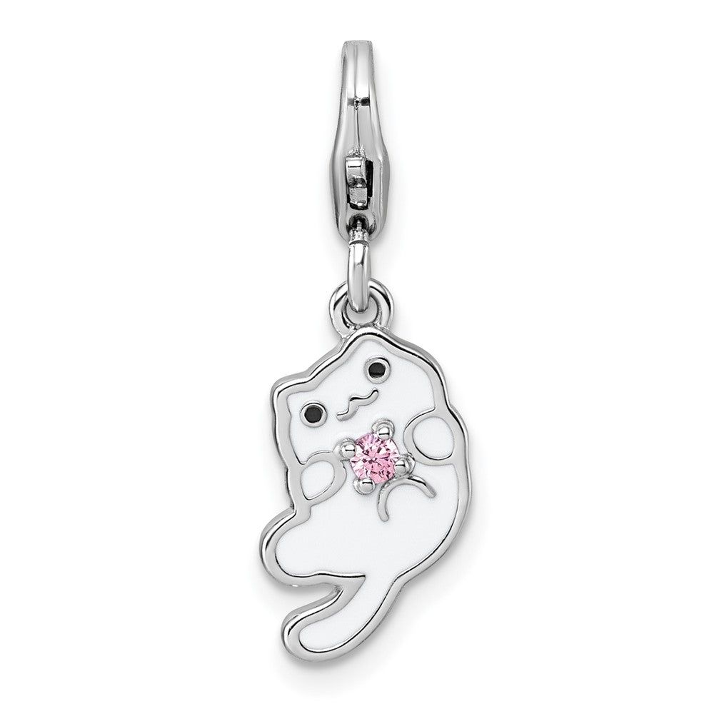 Sterling Silver Amore La Vita Rhodium Plated Enamel Cat W/pink CZ Charm