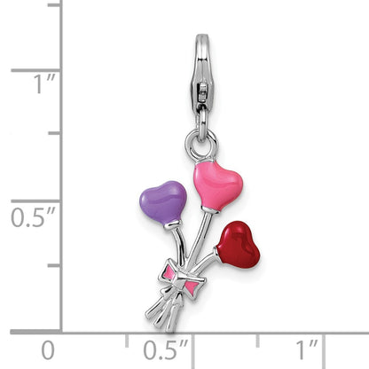 Sterling Silver Amore La Vita Rhodium Plated 3-D Enameled Heart Balloons Charm