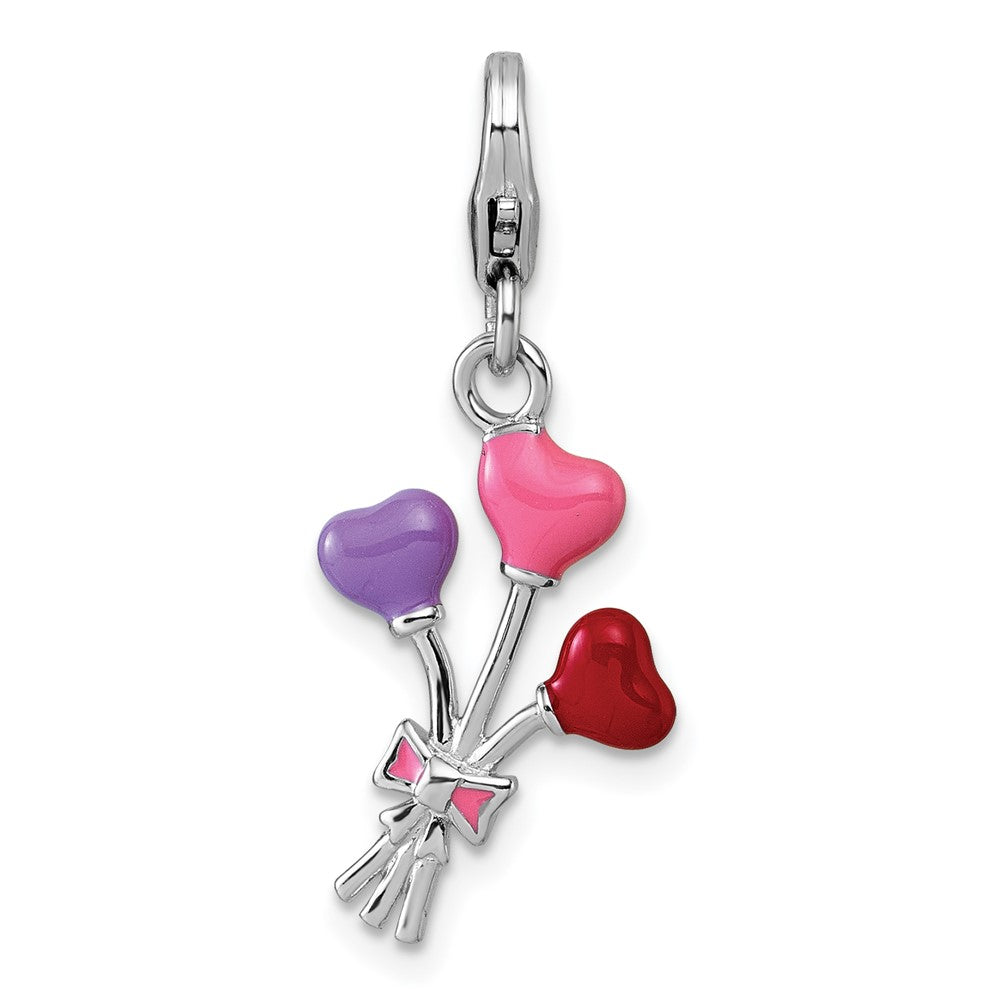 Sterling Silver Amore La Vita Rhodium Plated 3-D Enameled Heart Balloons Charm