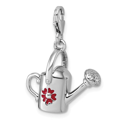 Sterling Silver Amore La Vita Rhodium Plated 3D Enameled Flower Watering Can Charm