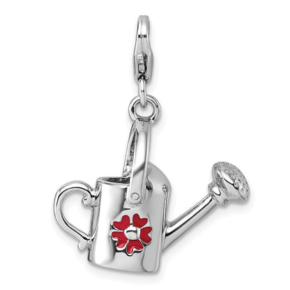 Sterling Silver Amore La Vita Rhodium Plated 3D Enameled Flower Watering Can Charm