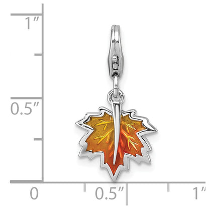 Sterling Silver Amore La Vita Rhodium Plated Orange Enamel Leaf Charm