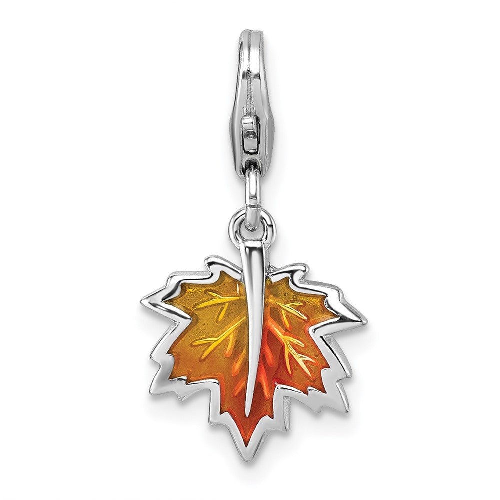 Sterling Silver Amore La Vita Rhodium Plated Orange Enamel Leaf Charm