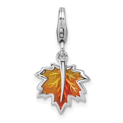 Sterling Silver Amore La Vita Rhodium Plated Orange Enamel Leaf Charm