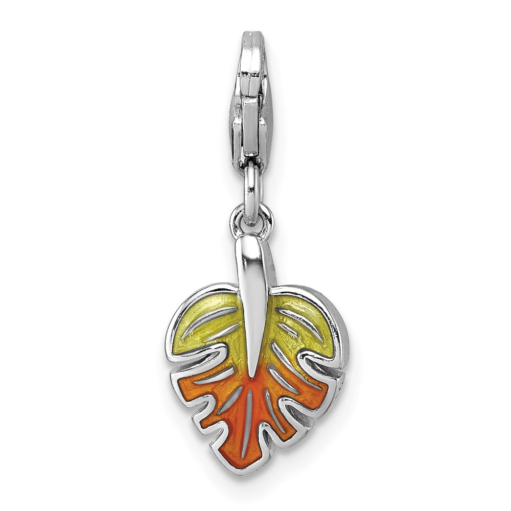 Sterling Silver Amore La Vita Rhodium Plated 3-D Green Orange Enamel CZ Leaf Charm